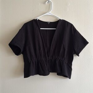 Monrow Black Gauzy Cotton Short Sleeve Cinch Waist Crop Blouse